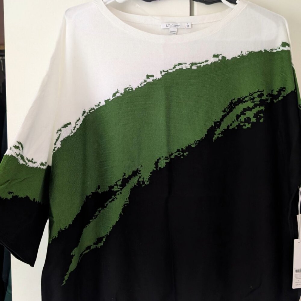 Chico's green paint-splash short-sleeve sweater, NWT